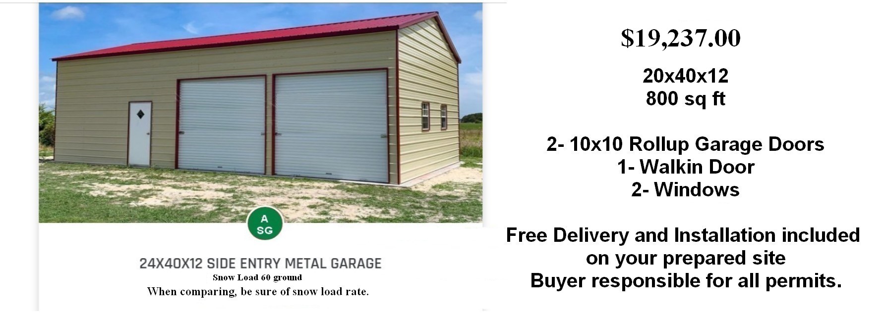 example 20x40x12 garage sample pricing