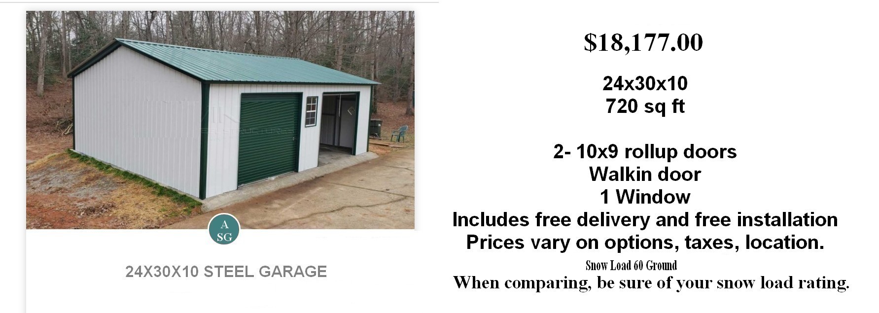 sample price of 24x30x10 garage