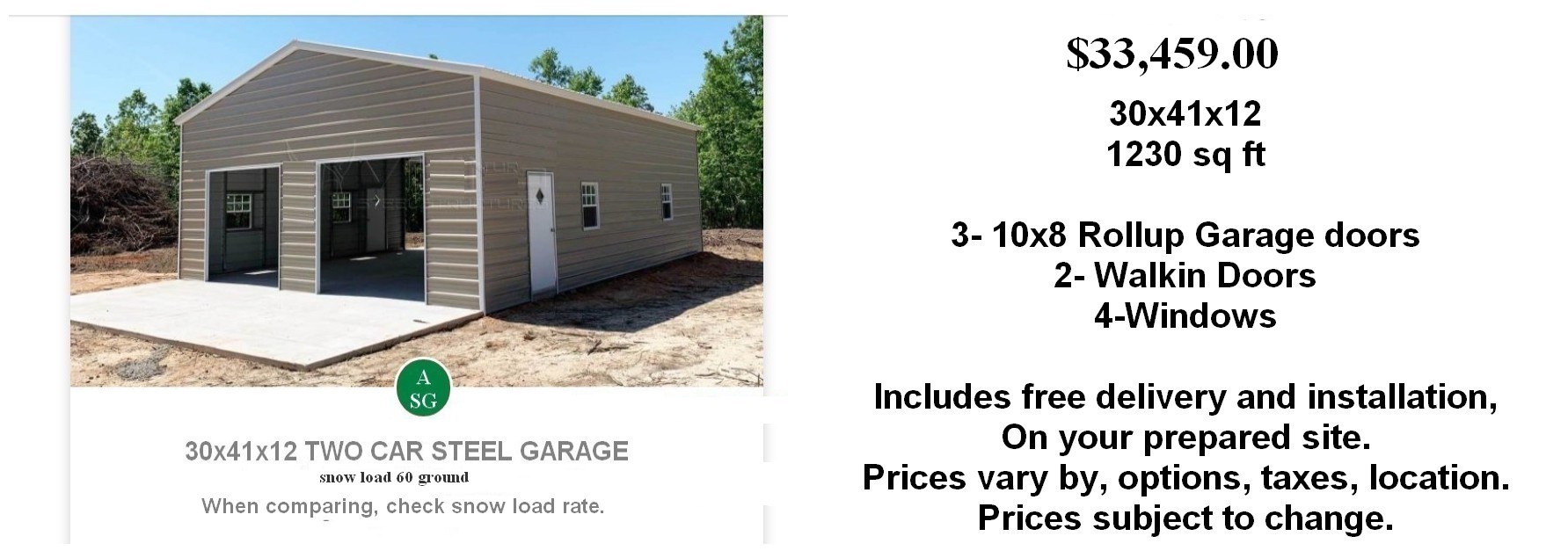 sample price of 30x41x12 garage