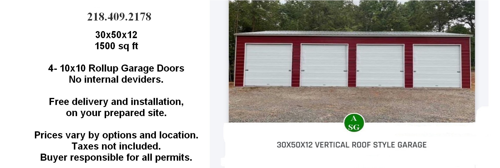 sample price of 30x50x12  garage