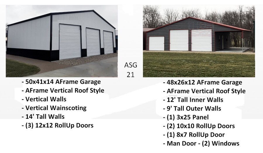 2 photos steel garages usa 50x41x14 and 48x26x12