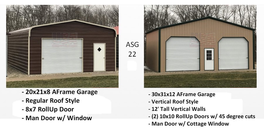 2 photos steel garages usa 20x21x8 and 30x31x12