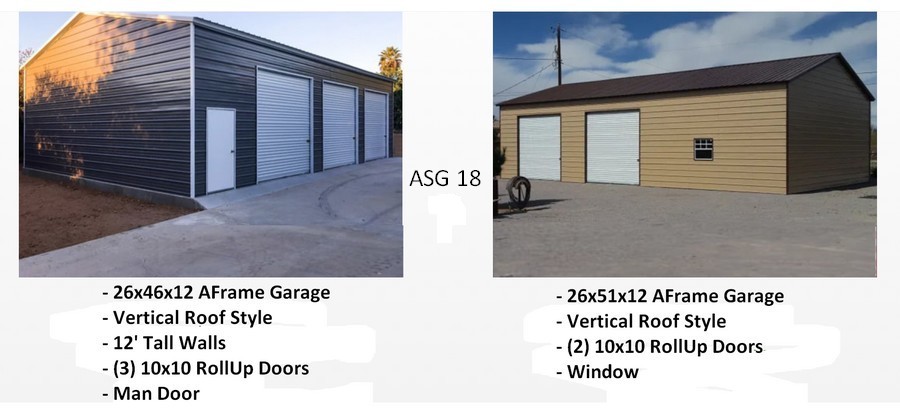 2 photos steel garages usa 26x46x12 and 26x51x12